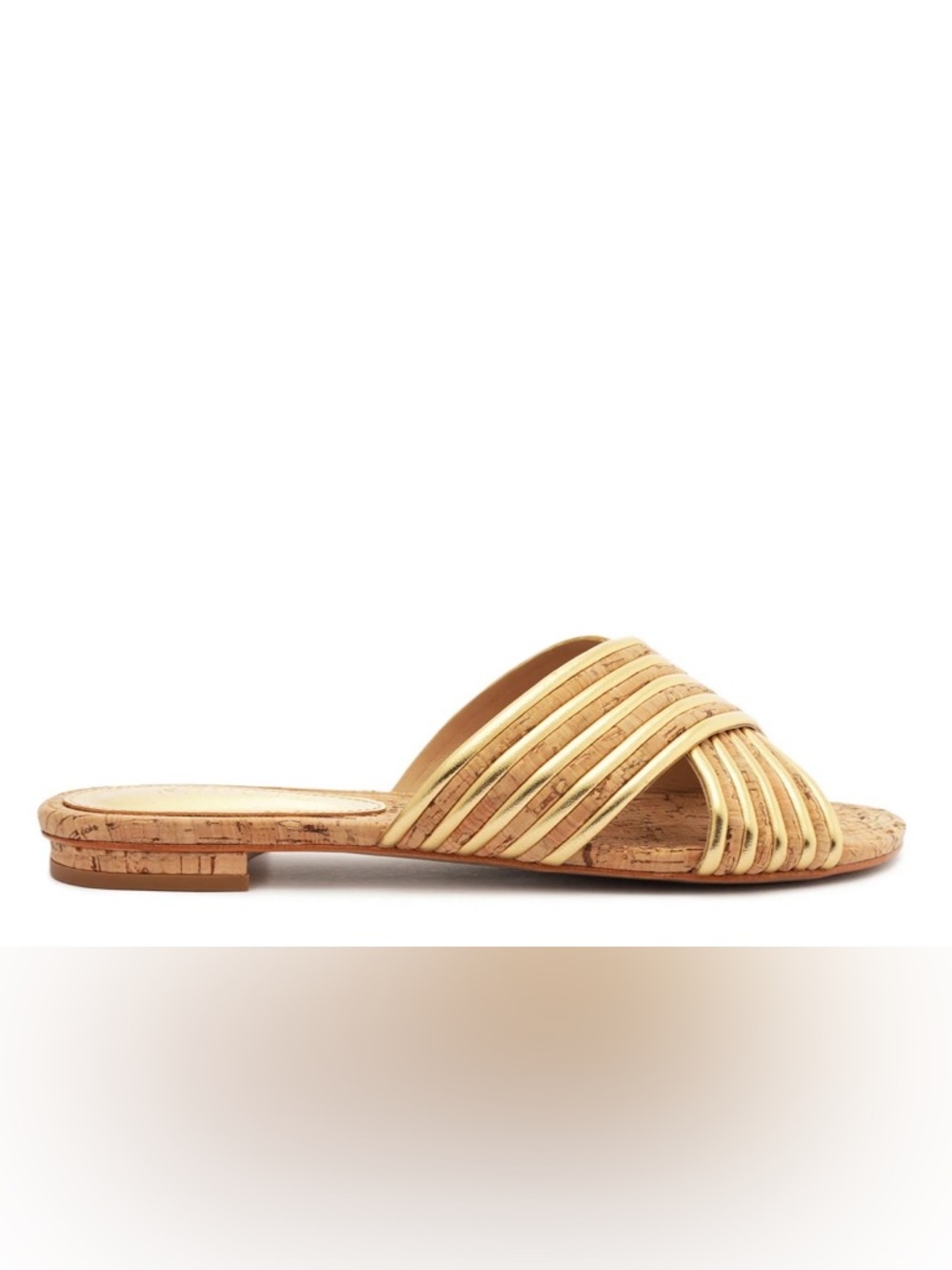 SCHUTZ Latifah Metallic Gold Cork Crisscross Slide Sandals